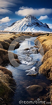 Swamp In Iceland: A Winter Wonderland Of Snowy Cliffs And Winter Sports Stock Photo