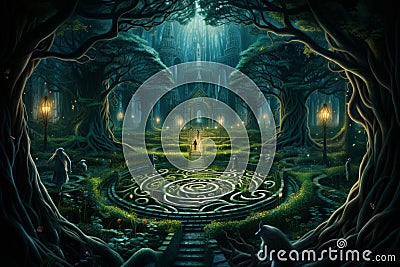 Enchanted forest labyrinths, twisting and turning with magical illusions - Generative AI Stock Photo