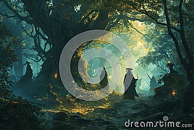 Mystical forest shamans, communing with nature spirits and harnessing their ancient magic - Generative AI Stock Photo