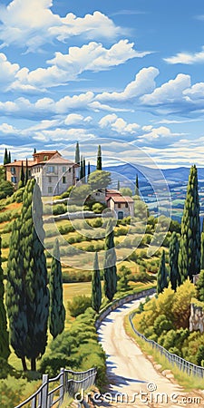 Idyllic Rural Scenes: Detailed Cypress Trees On Hill In Renaissance-inspired Style Stock Photo