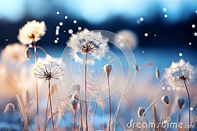 A mesmerizing scene of dandelion flakes blowing in the wind Stock Photo