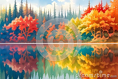 the reflection of the colorful trees in the crystal clear water mirror like surface generative ai Stock Photo