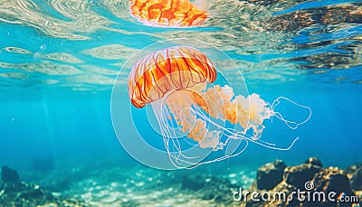Mesmerizing sight enormous bell shaped jellyfish gracefully floating in the crystal clear water Stock Photo