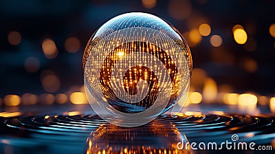 A mesmerizing spherical structure displays a data matrix with constantly shifting patterns. The vibrant lights reflect Stock Photo