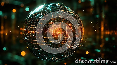 A mesmerizing spherical structure emerges, composed of a shifting data matrix. Bright, glowing patterns create an Stock Photo