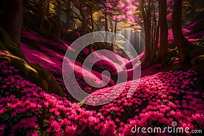A mesmerizing summer mountain slope adorned with an endless carpet of vibrant pink rhododendron flowers, Stock Photo