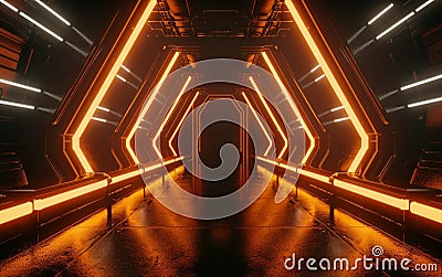 A mesmerizing tunnel-like space composed of glowing orange hexagon shapes and lined with parallel light beams, creating Stock Photo