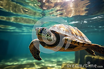 Mesmerizing Underwater Swimming: A Turtles Journey Stock Photo