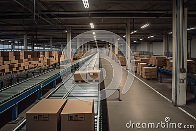 A mesmerizing view of conveyor belts in motion, swiftly sorting parcels with precision and efficiency. Generative Ai Stock Photo