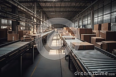 A mesmerizing view of conveyor belts in motion, swiftly sorting parcels with precision and efficiency. Generative Ai Stock Photo