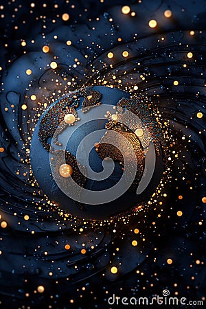 A mesmerizing view of Earth surrounded by glowing particles in a cosmic swirl symbolizing connection and wonder in the universe Stock Photo