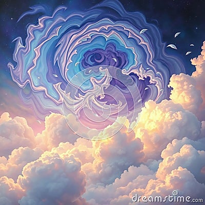 A mesmerizing view of fluffy clouds blending into swirling cosmic patterns with soft lighting. Stock Photo