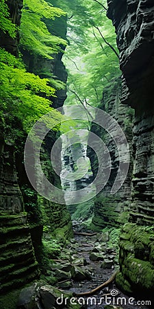 Tranquil Green Canyon With Futurist Gothic Vibes Stock Photo