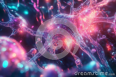 A mesmerizing visualization of an advanced neural network, featuring glowing holographic synapses, Stock Photo