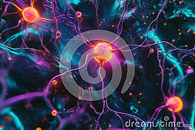 A mesmerizing visualization of an advanced neural network, featuring glowing holographic synapses, Stock Photo