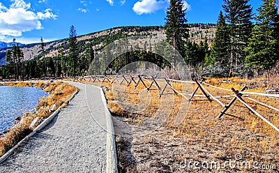 Beautiful hiking trail with mountains and lakes Stock Photo