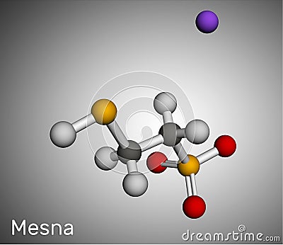 Mesna molecule. It is used to reduce the negative effects of some anticancer drugs on the bladder. Molecular model. 3D rendering Stock Photo