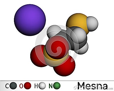 Mesna molecule. It is used to reduce the negative effects of some anticancer drugs on the bladder. Molecular model. 3D rendering Stock Photo