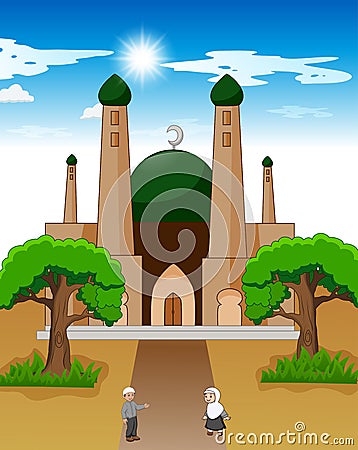 Happy cartoon Muslim kids waving hand in front of mosque Vector Illustration