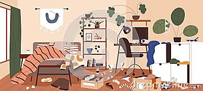 Mess and dirt in home room. Messy dirty interior. Chaos and disorder in apartment. Unclean untidy house panorama with Vector Illustration