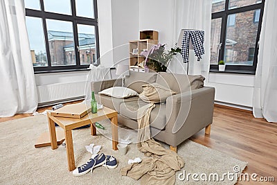 Messy home living room with scattered stuff Stock Photo