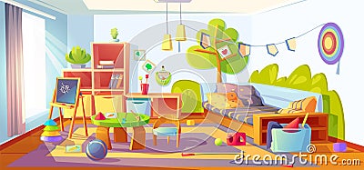 Mess in kids room, messy child bedroom interior Vector Illustration