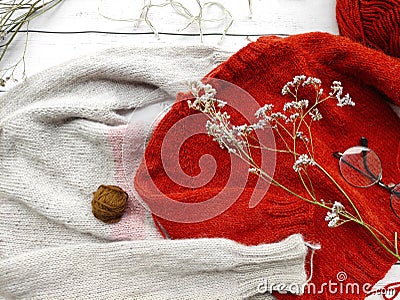 Knitter`s table, morning coffee and unfinished knitting project Stock Photo