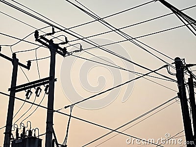 A Mess Wires In The Beautiful Twilight Sky Stock Photo