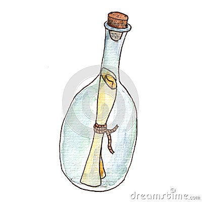 Message in bottle drawing watercolor illustration.A separate element of the pirate set isolated on a white background. Cartoon Illustration