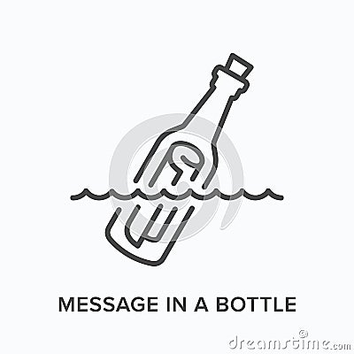 Message in a bottle flat line icon. Vector outline illustration of floating paper scroll. Teasury hunt thin linear Vector Illustration