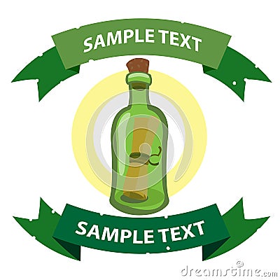 Message in a bottle. Illustration on the pirate theme with ribbon banner Stock Photo