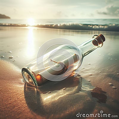 Message in a bottle sits on deserted beach awaiting discovery Stock Photo