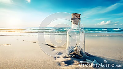 Message in a Bottle: Weathered Relic Washed Ashore on a Tropical Beach. Generative Ai Stock Photo