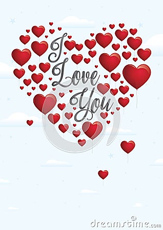 Message I love you with red heart-shaped balloons floating Vector Illustration