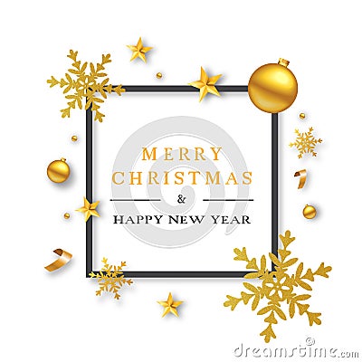 Message Merry Chrismas & Happy New Year in a frame surrounded by golden snowflakes and baubles Stock Photo