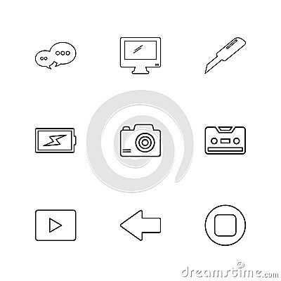 message , monitor , cutter , battery , click , casette , play ,youtube , left ,arrow , stop , eps icons set vector Vector Illustration
