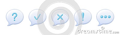 Message notification 3d bubbles. Approved, rejected, question and exclamation marks cartoon plastiline style. Chatbot web dialogue Vector Illustration