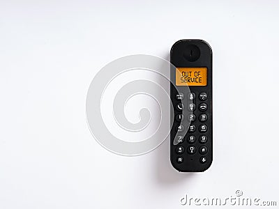 The message out of service written on the screen of a wireless phone. Unreachable customer support concept Stock Photo