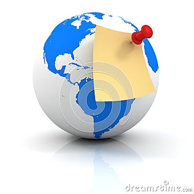 Message paper with red pin on earth world sphere Stock Photo