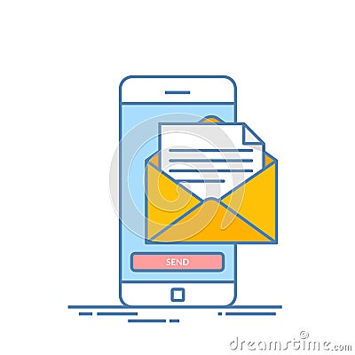 Message send on mobile phone. Email marketing. Thin line vector illustration in flat style isolated on white background. Vector Illustration