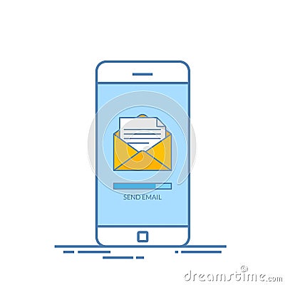 Message send on mobile phone. Email marketing. Thin line vector illustration in flat style isolated on white background. Vector Illustration