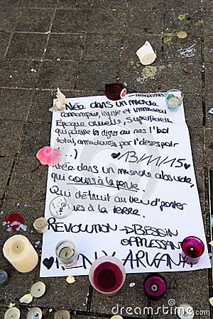 Messages, candles and flowers in memorial for the victims Editorial Stock Photo