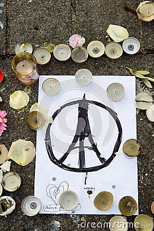 Messages, candles and flowers in memorial for the victims Editorial Stock Photo