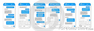 Messaging app design, user interface. SMS text frame. Conversation chat screen with blue message bubbles and placeholder Vector Illustration