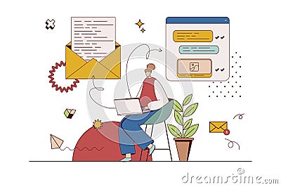 Messaging service concept with character situation in flat design. Woman writing and sending new letters online using mail client Vector Illustration