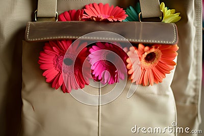 messenger bag with colorful gerberas seen through flap Stock Photo