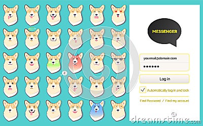 Messenger kakao talk Login Page and Dog Stickers Vector Illustration