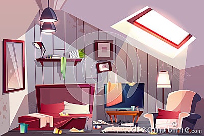 Messy garret bedroom cartoon vector illustration Vector Illustration