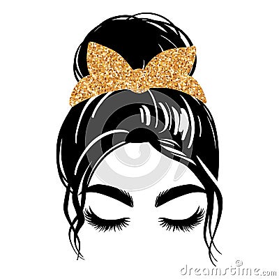 Messy bun with golden glitter bandana or headwrap. Vector woman silhouette. Beautiful girl drawing illustration. Female Vector Illustration