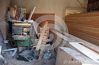 Messy carpenter workshop Stock Photo